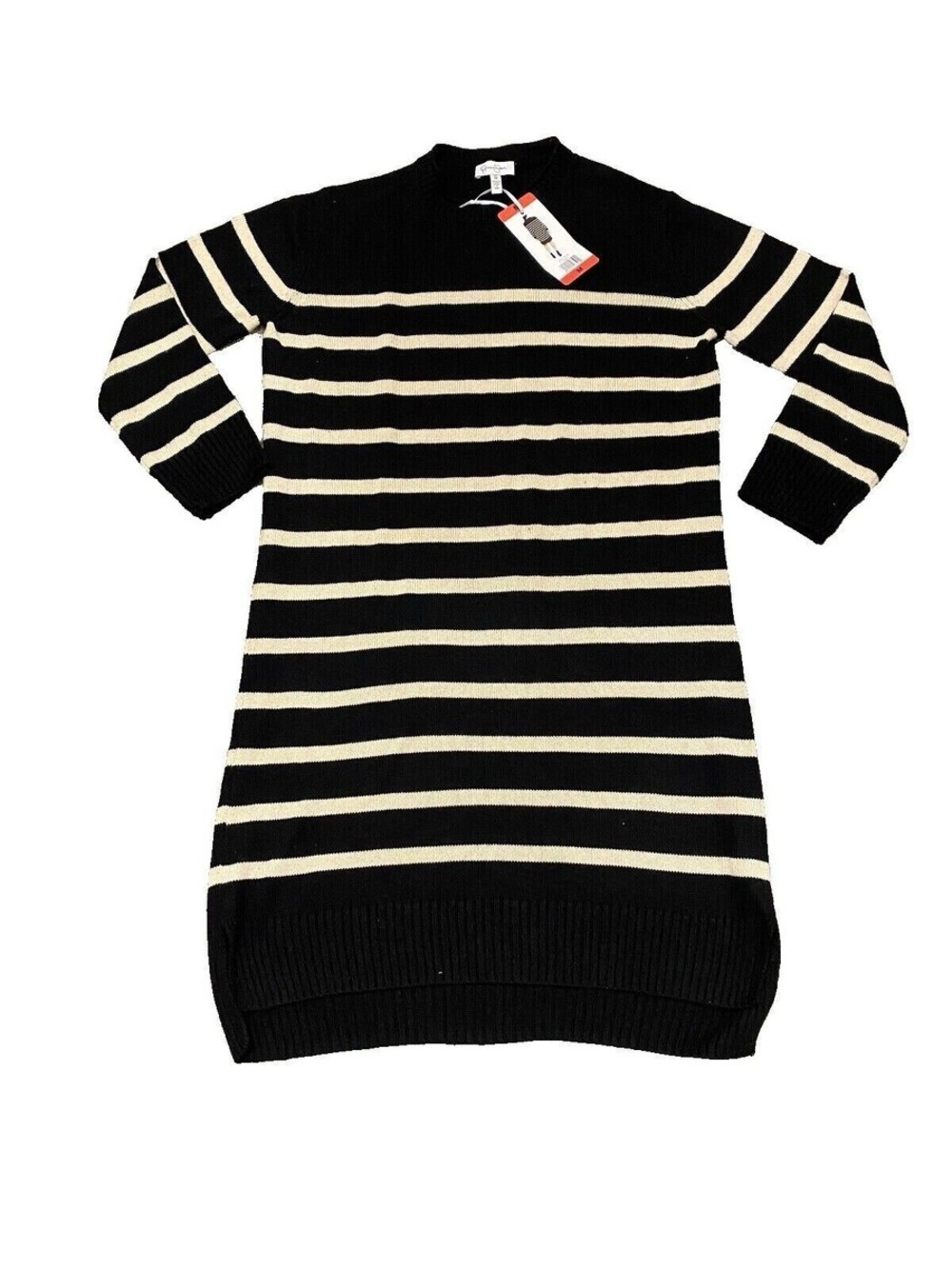 Jessica Simpson Black and Cream Striped Crew Neck Sweater Dress